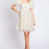 Pearl Mesh Puff Sleeve Babydoll Dress - Cream