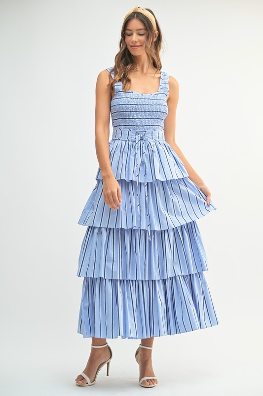 Pin-Stripe-Smocked-Bodice-Layered-Midi-Dress-Blue Pin Stripe Smocked Bodice Layered Midi Dress - Blue
