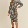 Plaid Flannel Front Tie Button Down Shirt Dress - Camel