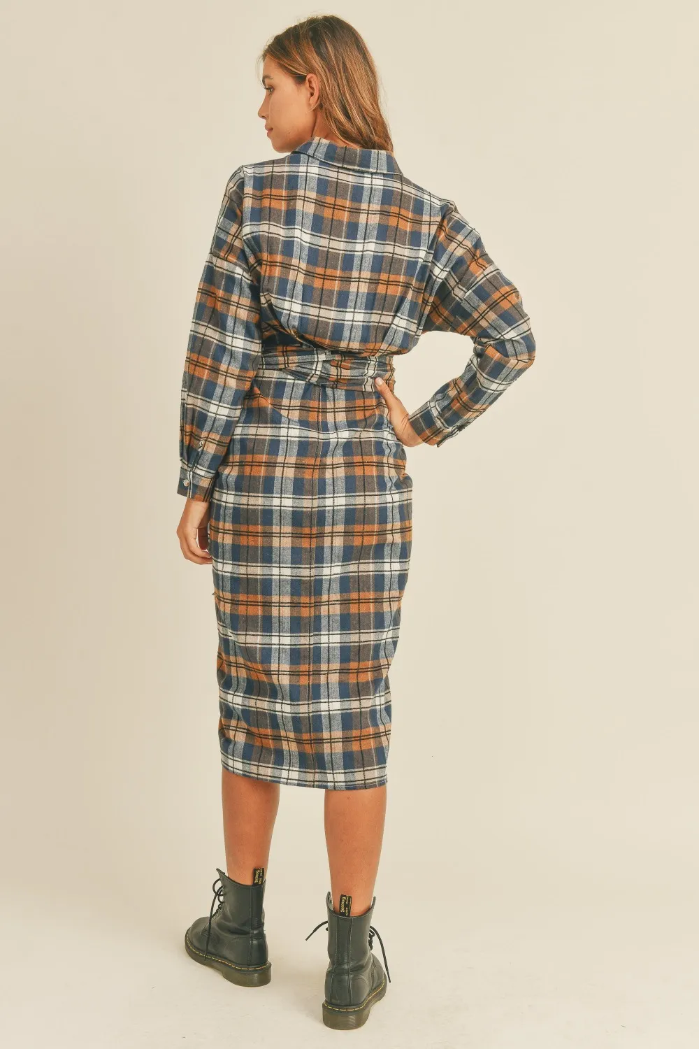Plaid-Flannel-Front-Tie-Button-Down-Shirt-Dress-Camel-2