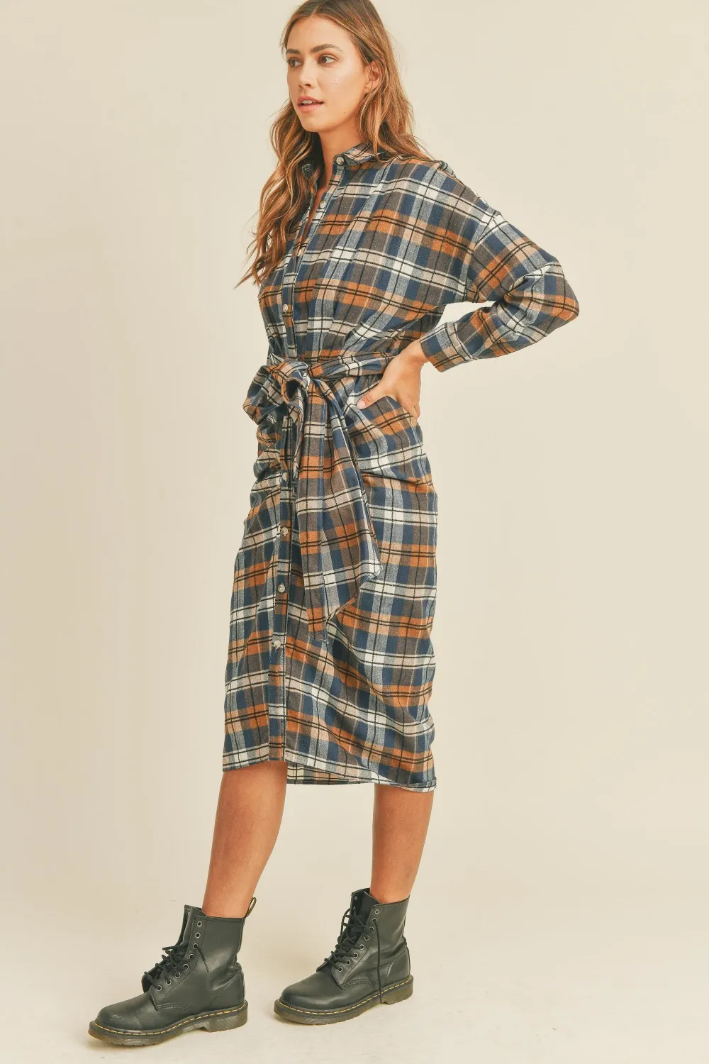 Plaid-Flannel-Front-Tie-Button-Down-Shirt-Dress-Camel-3