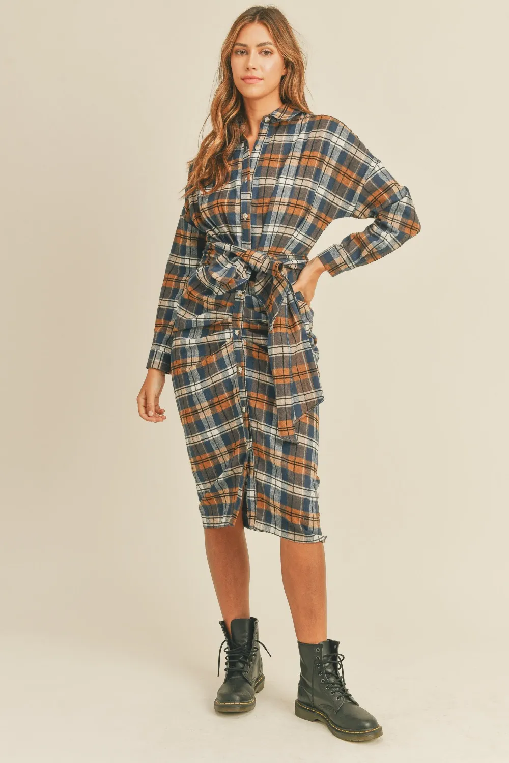 Plaid-Flannel-Front-Tie-Button-Down-Shirt-Dress-Camel Plaid Flannel Front Tie Button Down Shirt Dress - Camel