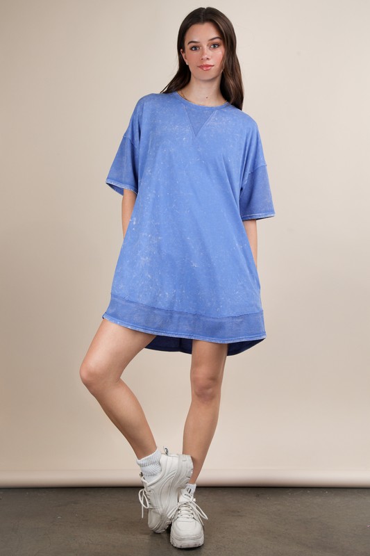 Plus Size Mineral Washed Comfy Casual Knit Mini Dress - Blue