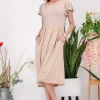Plus Size Polka Dot Round Neck Flutter Sleeve Midi Dress -  Taupe/Khaki Polka