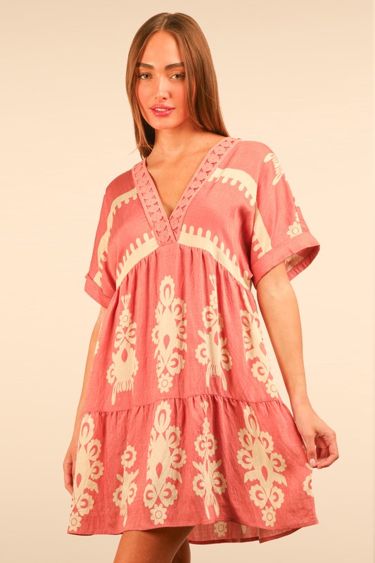Plus Size Printed V-Neck Woven Mini Dress - Blush