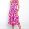 Print Ruffled Midi Dress with Pockets - Fuchsia