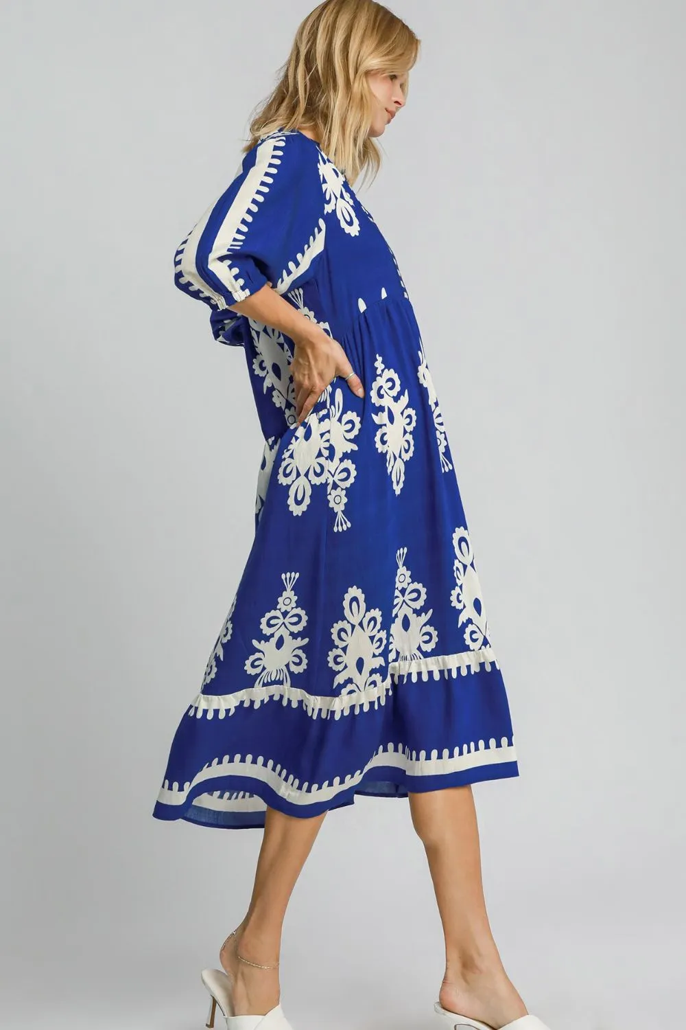 Printed-Notched-Midi-Dress-Royal-Blue-3