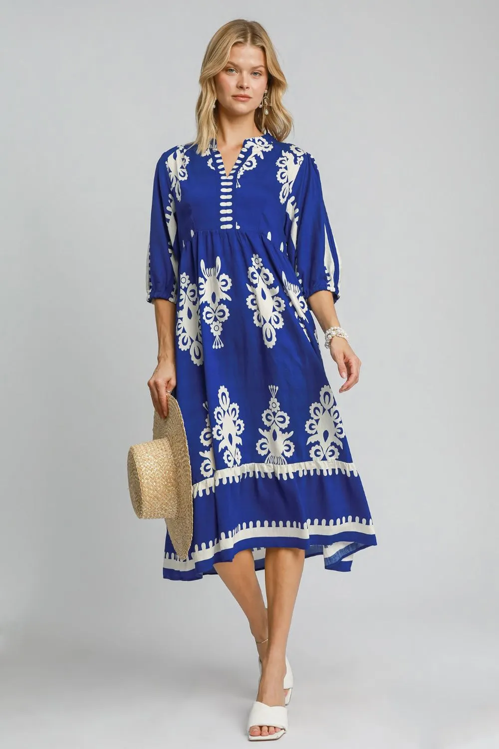 Printed-Notched-Midi-Dress-Royal-Blue Printed Notched Midi Dress - Royal Blue