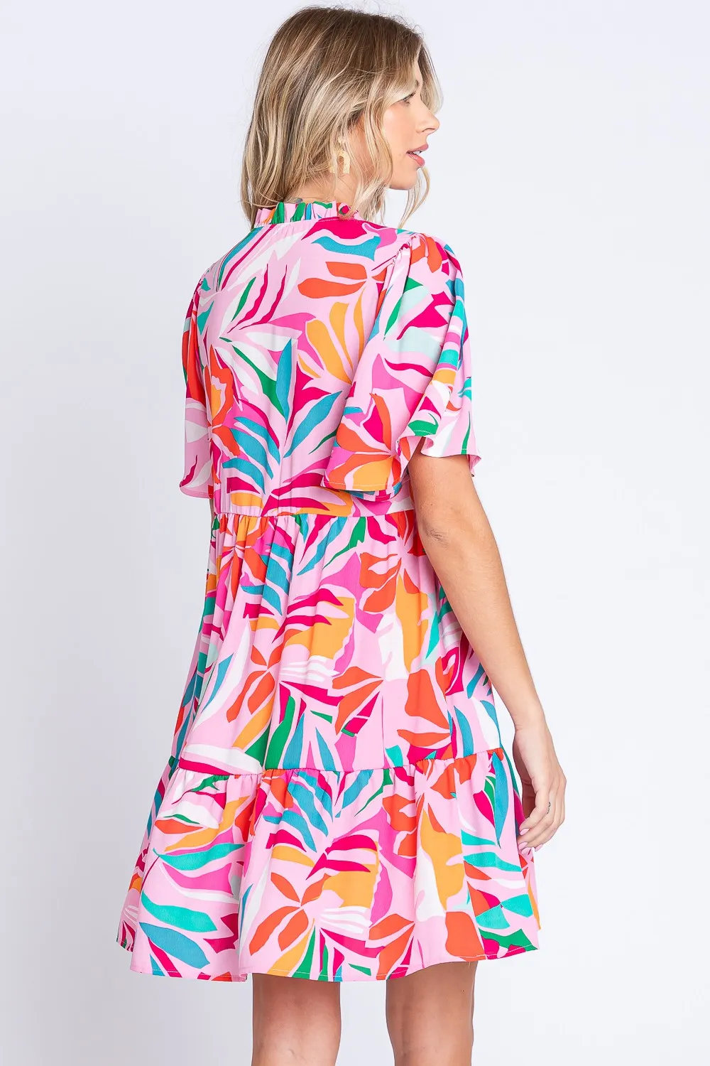 Printed-Short-Sleeve-Ruffle-Hem-Dress-PinkGreen-2