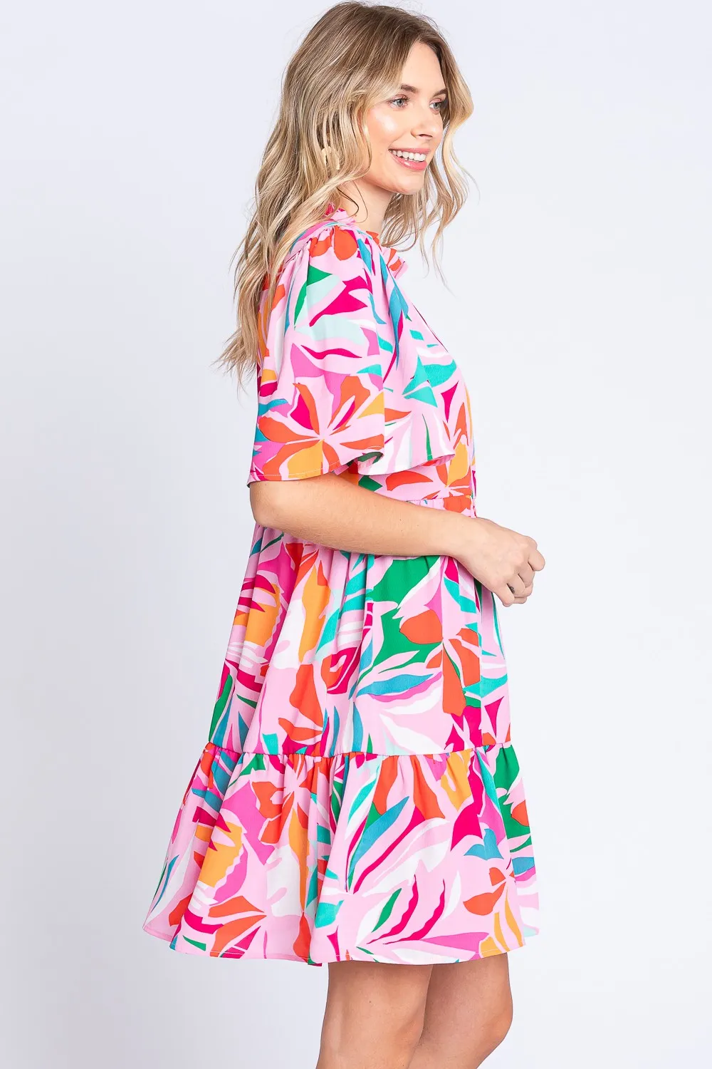 Printed-Short-Sleeve-Ruffle-Hem-Dress-PinkGreen-3