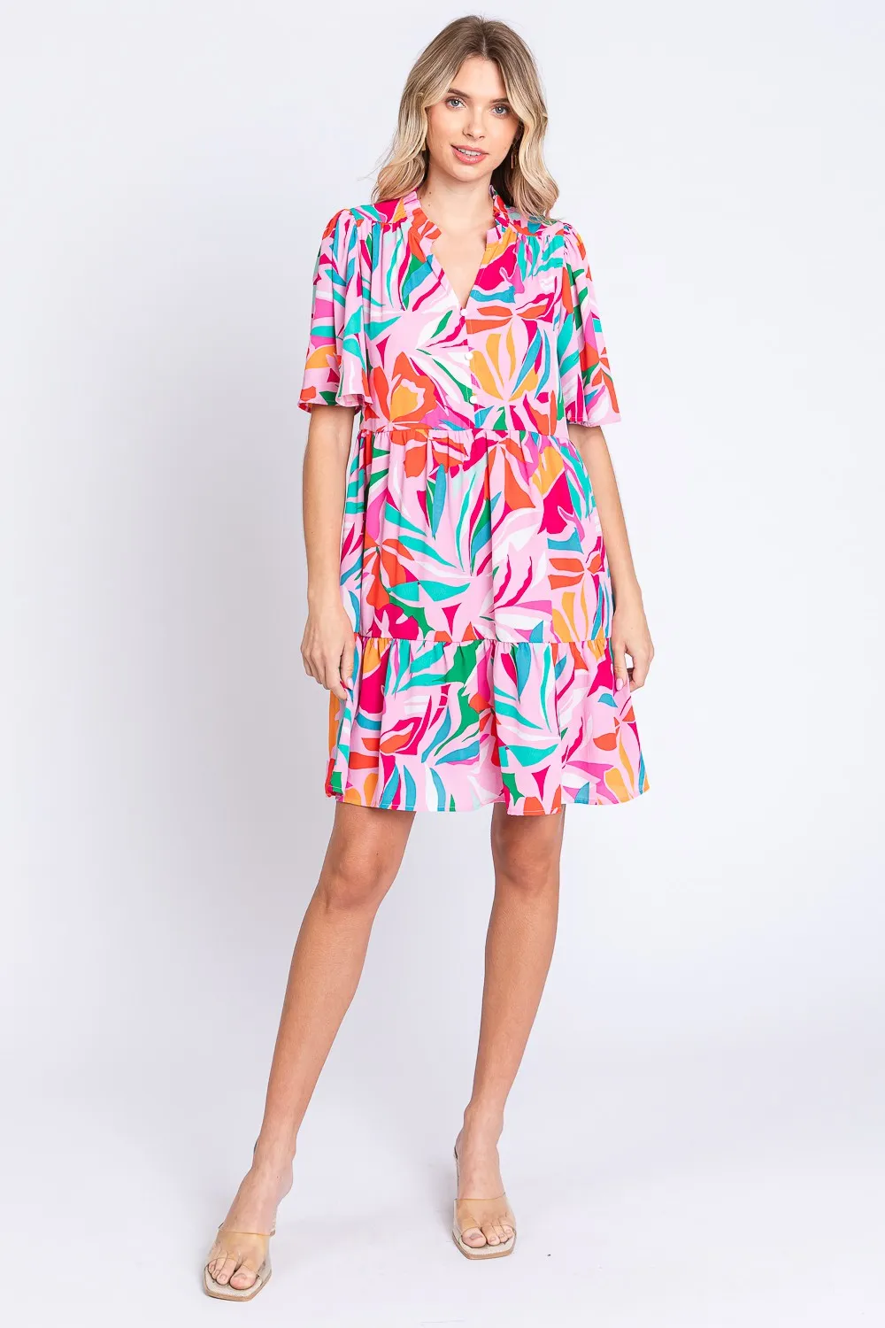 Printed-Short-Sleeve-Ruffle-Hem-Dress-PinkGreen-4
