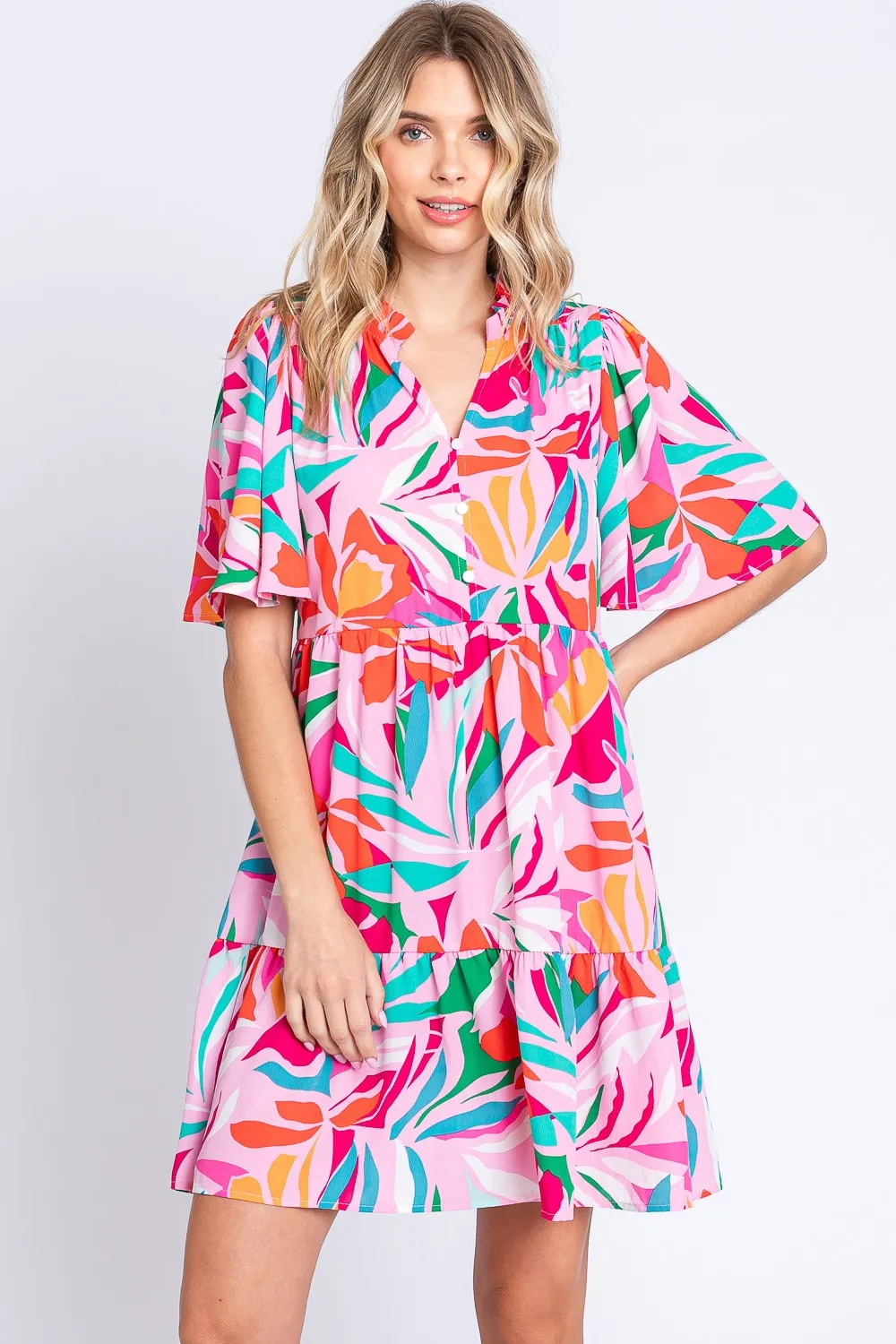 Printed-Short-Sleeve-Ruffle-Hem-Dress-PinkGreen Printed Short Sleeve Ruffle Hem Dress -  Pink/Green