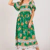 Printed Smocked Short Sleeve Midi Dress - Green