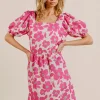 Printed Square Neck Puff Sleeve Mini Dress - Fuchsia Combo