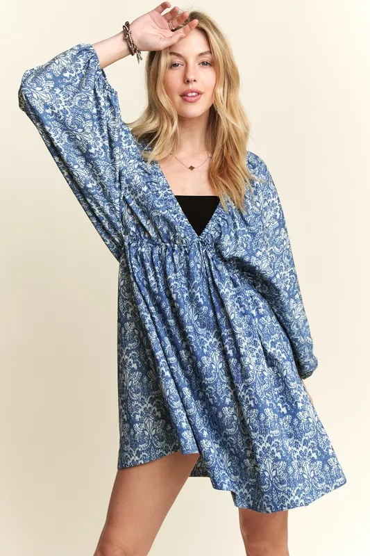Printed-V-Neck-Batwing-Sleeve-Mini-Dress-Denim-Blue-1