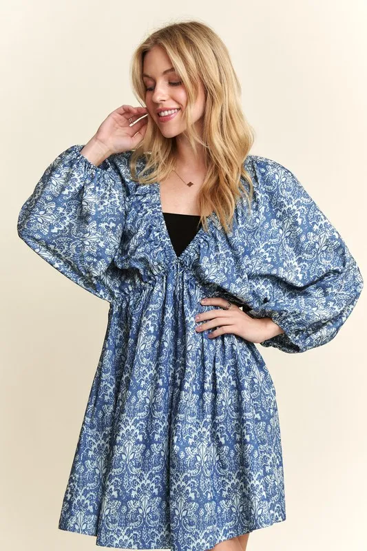 Printed-V-Neck-Batwing-Sleeve-Mini-Dress-Denim-Blue-2
