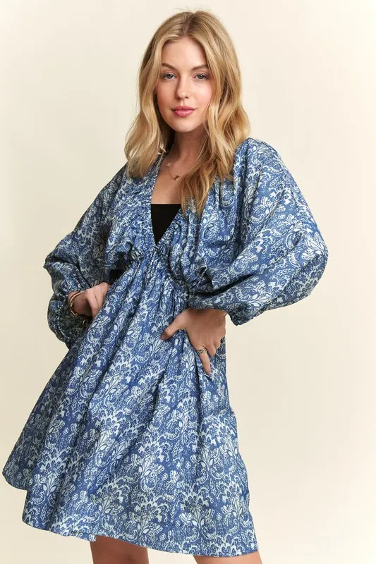 Printed-V-Neck-Batwing-Sleeve-Mini-Dress-Denim-Blue-3