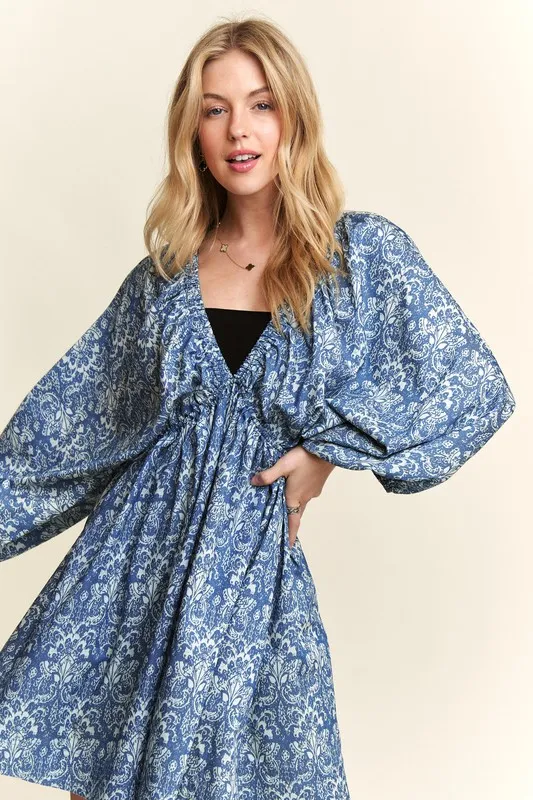Printed-V-Neck-Batwing-Sleeve-Mini-Dress-Denim-Blue-4
