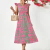 Printed V-Neck Cap Sleeve Dress - Green