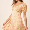 Printed V-Neck Puff Sleeve Mini Dress - Yellow Combo