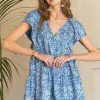 Printed V-Neck Ruffle Sleeve Mini Dress -   Denim Blue