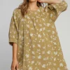 Raw Hem Floral Print Round Neck Denim Dress - Mocha