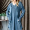 Ribbed Long Sleeve Hooded Dress - Dk Denim