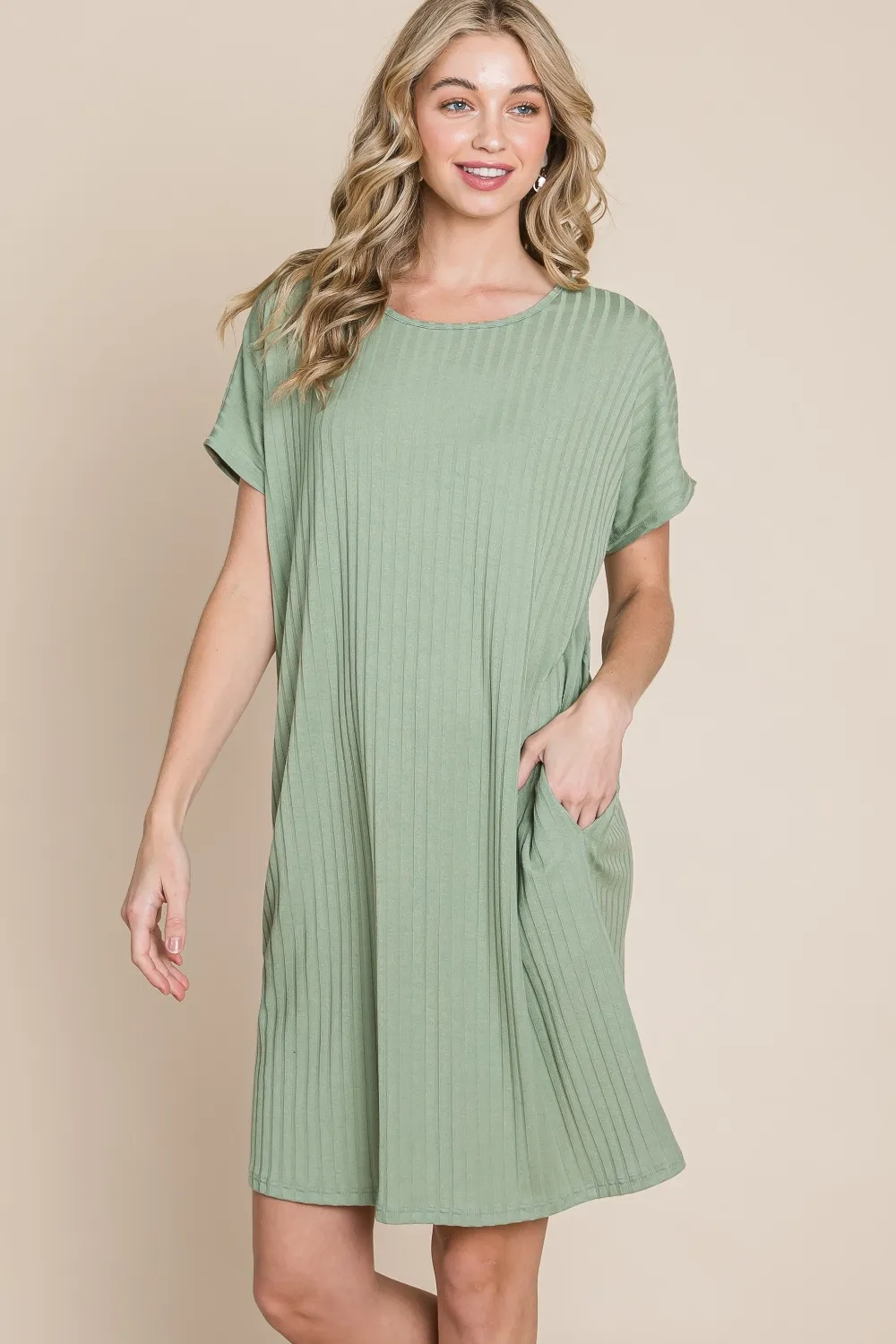 Ribbed-Round-Neck-Short-Sleeve-Dress-Sage-1