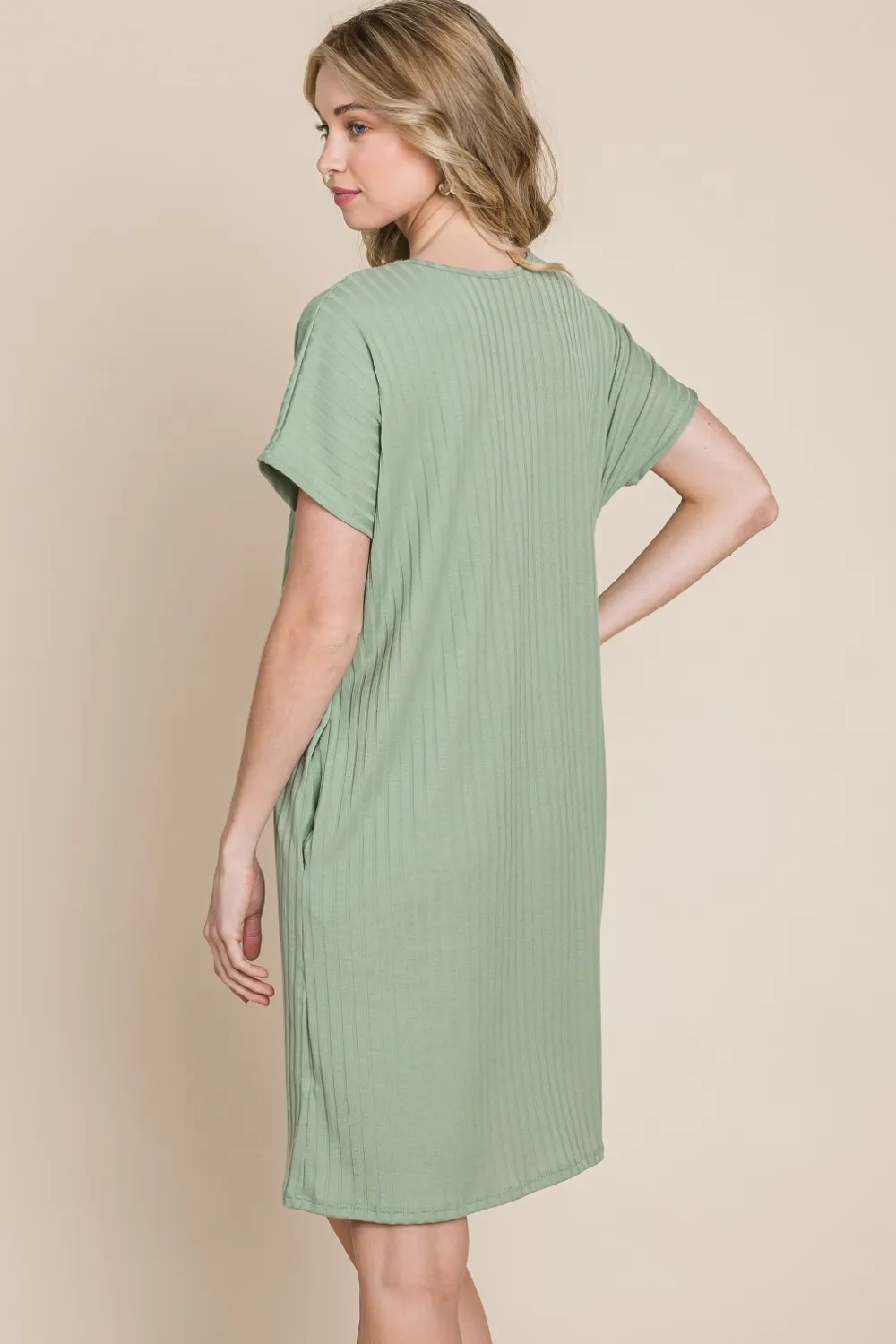 Ribbed-Round-Neck-Short-Sleeve-Dress-Sage-2