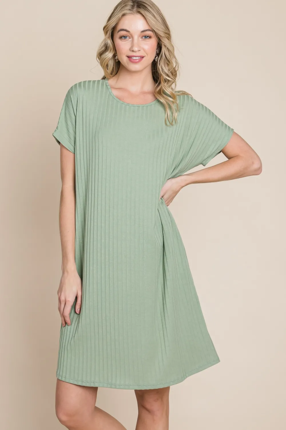 Ribbed-Round-Neck-Short-Sleeve-Dress-Sage-3