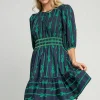 Ribbon Print Frill Contrast Velvet Trim Half Sleeve Dress - Navy