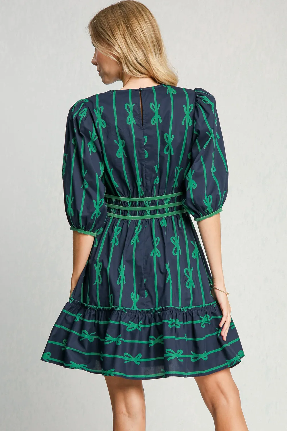 Ribbon-Print-Frill-Contrast-Velvet-Trim-Half-Sleeve-Dress-Navy-2