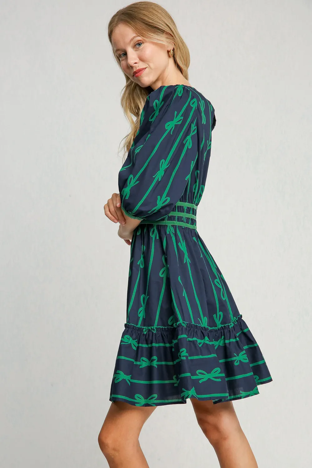 Ribbon-Print-Frill-Contrast-Velvet-Trim-Half-Sleeve-Dress-Navy-3