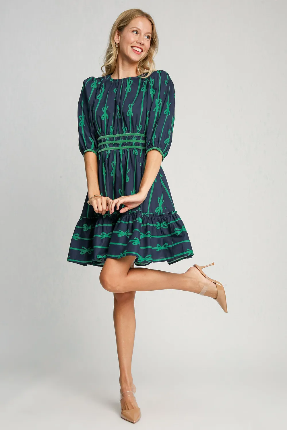 Ribbon-Print-Frill-Contrast-Velvet-Trim-Half-Sleeve-Dress-Navy-4