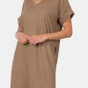 Rolled Short Sleeve V-Neck Dress - Mocha