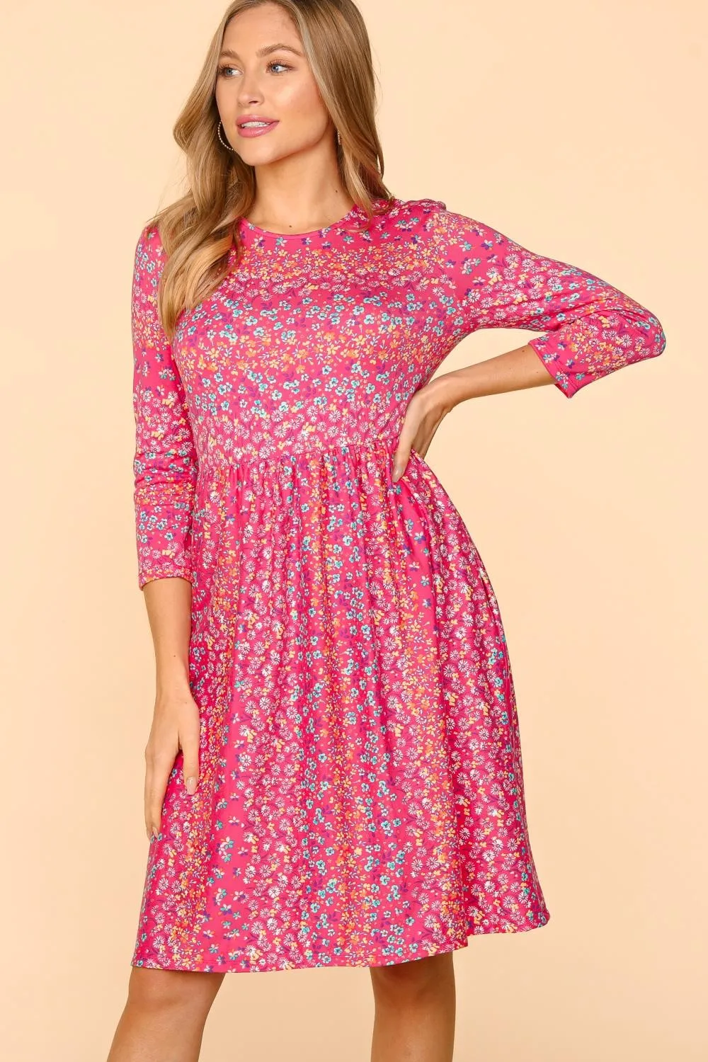 Round-Neck-Floral-Dress-with-Pockets-Fuchsia-1
