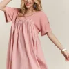 Round Neck Half Sleeve Babydoll Dress - Dusty Pink