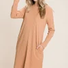 Round Neck Long Sleeve Ribbed Knit Dress - Sherbet