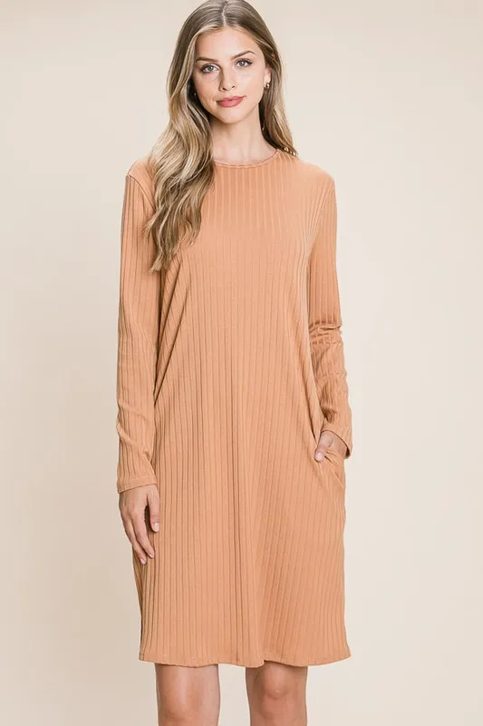 Round-Neck-Long-Sleeve-Ribbed-Knit-Dress-Sherbet-2