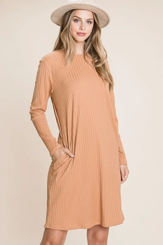 Round-Neck-Long-Sleeve-Ribbed-Knit-Dress-Sherbet-3