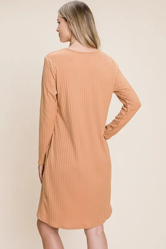 Round-Neck-Long-Sleeve-Ribbed-Knit-Dress-Sherbet-4