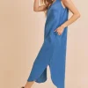 Round Neck Midi Tank Dress with Pockets -  Peacock  Blue