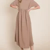 Round Neck Ruched Midi Dress - Mocha