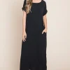 Round Neck Short Sleeve Midi Dress with Pockets - Black