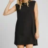 Round Neck Sleeveless High-Low Curved Hemline Mini Dress - Black