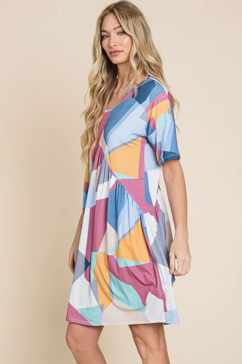 Ruched-Color-Block-Short-Sleeve-Dress-Multicolor-3
