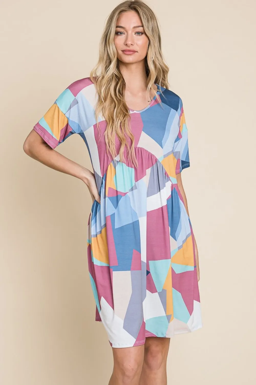 Ruched-Color-Block-Short-Sleeve-Dress-Multicolor-4