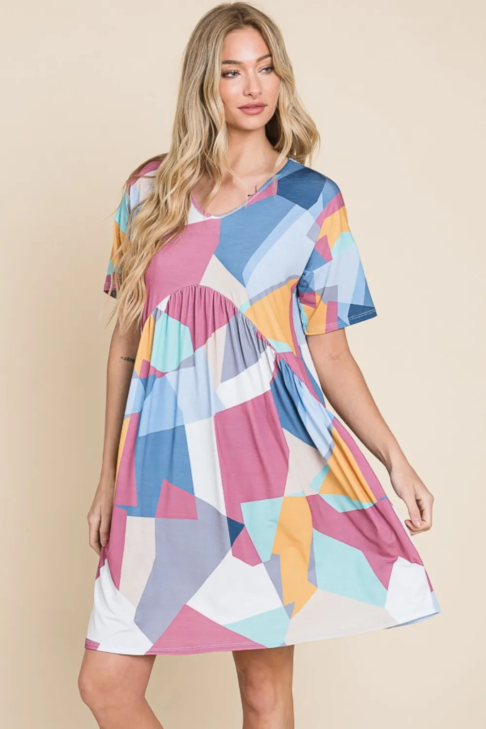 Ruched Color Block Short Sleeve Dress - Multicolor