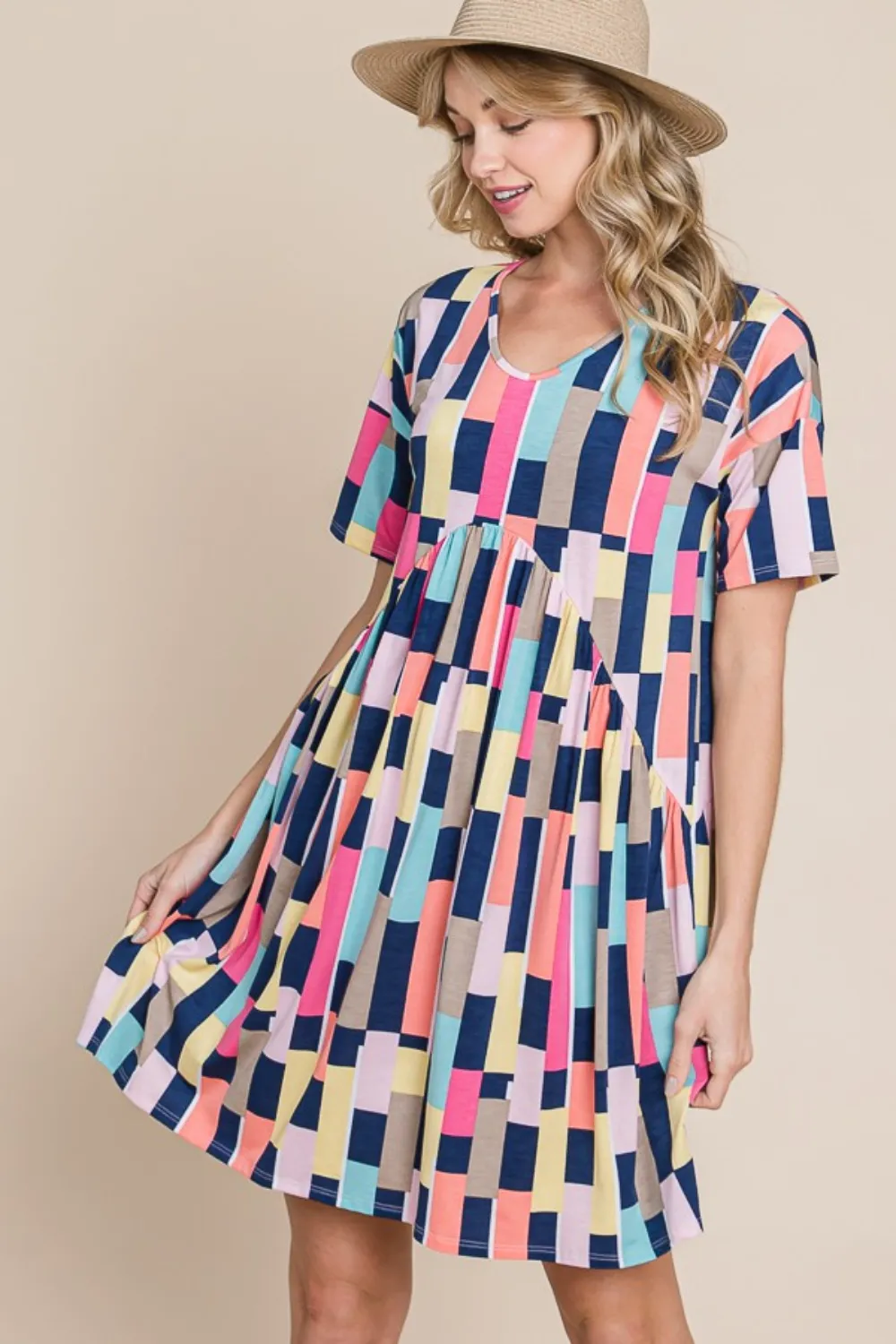 Ruched-Color-Block-Short-Sleeve-Mini-Dress-Multicolor-3