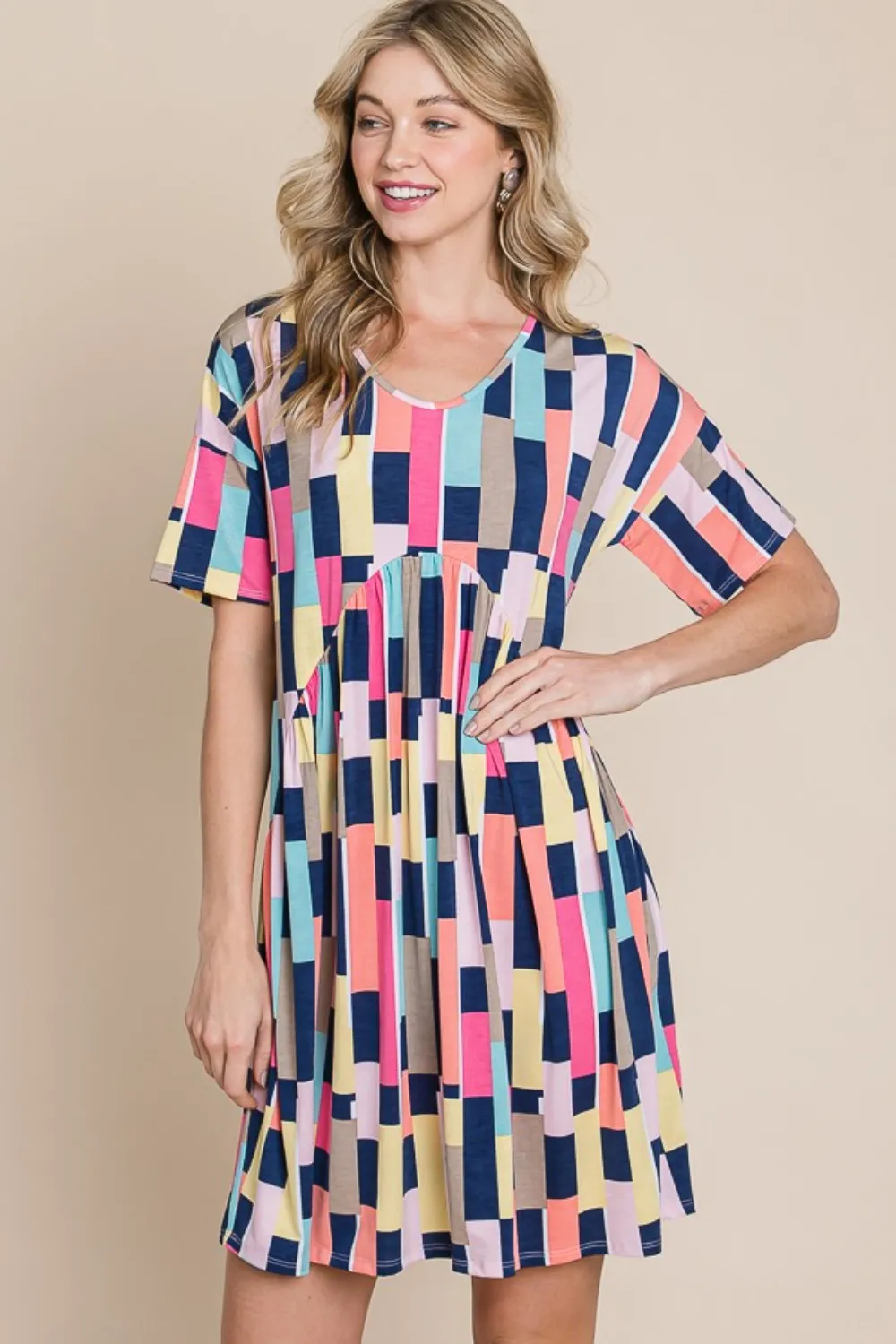 Ruched-Color-Block-Short-Sleeve-Mini-Dress-Multicolor-4